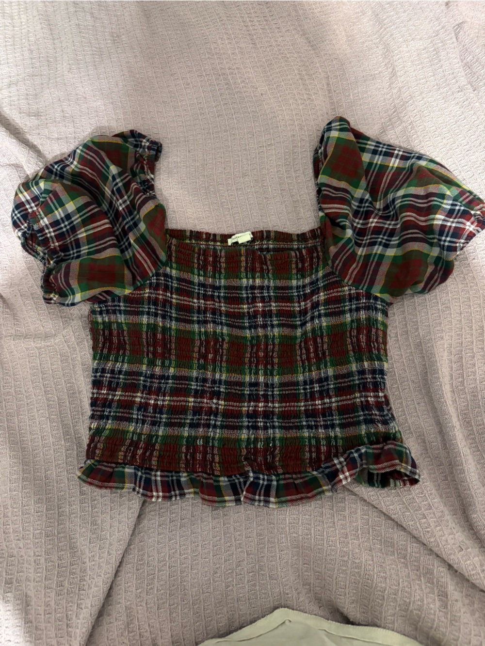 American Eagle Outfitters Red Green Plaid Smocked Top